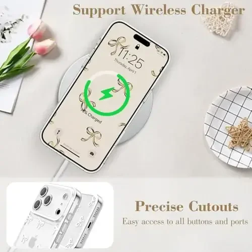 EYZUTAK iPhone 17 Pro uchun g'ilof, Shaffof chiroyli lenta kamon naqshli estetik shaffof telefon g'ilofi, Ko'tarilgan kamera himoyasi, Zamonaviy nozik yumshoq bardoshli TPU himoya qopqog'i ayollar uchun - Oq - 8