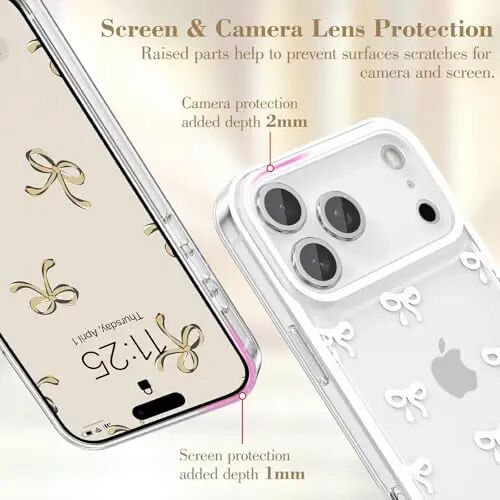 EYZUTAK iPhone 17 Pro uchun g'ilof, Shaffof chiroyli lenta kamon naqshli estetik shaffof telefon g'ilofi, Ko'tarilgan kamera himoyasi, Zamonaviy nozik yumshoq bardoshli TPU himoya qopqog'i ayollar uchun - Oq - 2