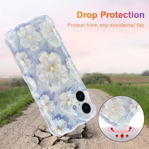 EYZUTAK iPhone 17 uchun g'ilof, rangli retro moyli bo'yoqli gul lazerli yaltiroq naqshli yoqimli jingalak to'lqinli qirrali nozik telefon qopqog'i zamonaviy bardoshli TPU himoya qopqog'i qizlar uchun - Moviy - 3