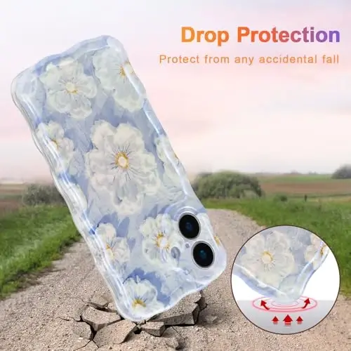 EYZUTAK iPhone 17 uchun g'ilof, rangli retro moyli bo'yoqli gul lazerli yaltiroq naqshli yoqimli jingalak to'lqinli qirrali nozik telefon qopqog'i zamonaviy bardoshli TPU himoya qopqog'i qizlar uchun - Moviy - 3