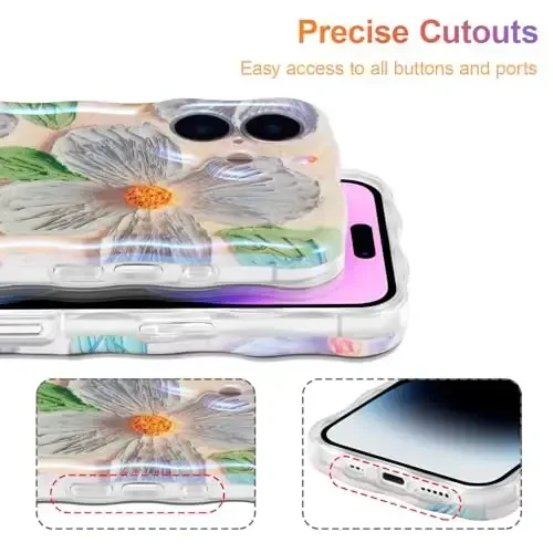 EYZUTAK iPhone 17 uchun g'ilof, Rangli Retro Yog'li Bo'yoqli Gul Bargi Lazerli Yaltiroq Naqshli Chiroyli Jingalak To'lqinli Qirrali Nozik Telefon Qopqog'i Ayollar uchun Zamonaviy Bardoshli TPU Himoya G'ilofi - Moviy Yashil - 5