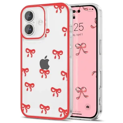EYZUTAK iPhone 17 uchun g'ilof, shaffof chiroyli lenta kamon naqshli estetik shaffof telefon g'ilofi ko'tarilgan kamera himoyasi zamonaviy ingichka yumshoq bardoshli TPU himoya qopqog'i ayollar qizlar uchun - Qizil - 12