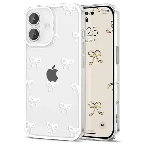 EYZUTAK iPhone 17 uchun g'ilof, shaffof yoqimli lenta kamon naqshli estetik shaffof telefon g'ilofi ko'tarilgan kamera himoyasi zamonaviy ingichka yumshoq bardoshli TPU himoya qopqog'i ayollar qizlar uchun - Oq - 1