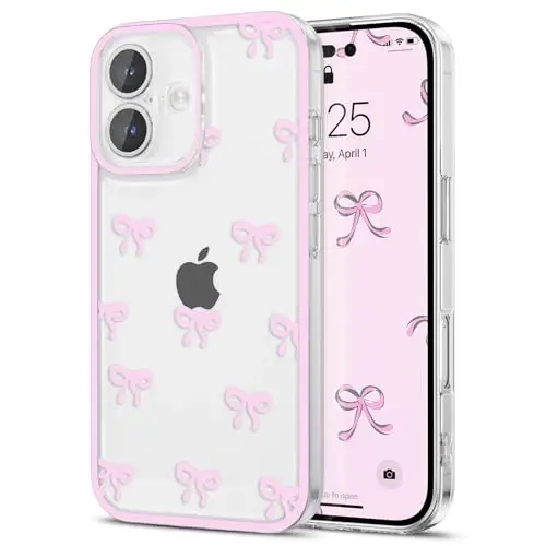 EYZUTAK iPhone 17 uchun g'ilof, shaffof yoqimli lenta kamon naqshli estetik shaffof telefon g'ilofi ko'tarilgan kamera himoyasi zamonaviy ingichka yumshoq bardoshli TPU himoya qopqog'i ayollar qizlar uchun - pushti - EYZUTAK