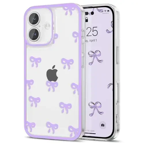 EYZUTAK iPhone 17 uchun gʻilof, tiniq yoqimli lenta kamon naqshli estetik shaffof telefon gʻilofi koʻtarilgan kamera himoyasi zamonaviy ingichka yumshoq bardoshli TPU himoya qopqogʻi ayollar qizlar uchun - Binafsha 