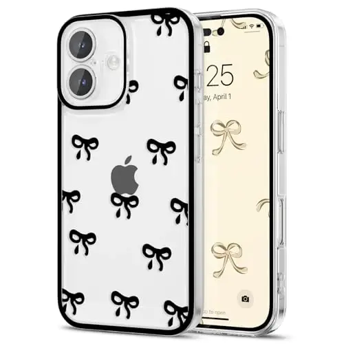EYZUTAK iPhone 17 uchun g'ilof, tiniq yoqimli lenta kamonchasi naqshli estetik shaffof telefon g'ilofi ko'tarilgan kamera himoyasi zamonaviy nozik yumshoq bardoshli TPU himoya qopqog'i ayollar qizlar uchun - qora - 12