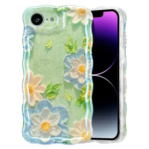 EYZUTAK Case for iPhone 17e/iPhone 16e, Colorful Retro Oil Painting Flower Laser Glossy Pattern Cute Curly Wave Edge Exquisite Phone Cover Stylish Durable TPU Protective Case for Girl Women-Blue White 