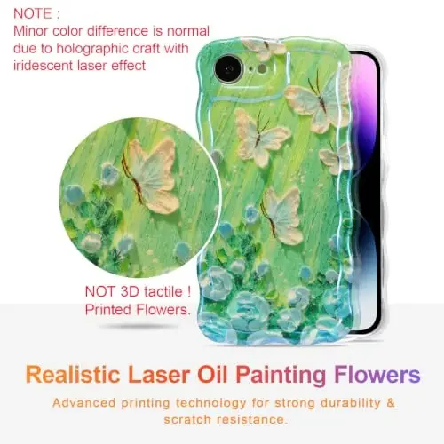 EYZUTAK iPhone 17e/iPhone 16e uchun g‘ilof, Rang-barang Retro Yog‘li Bo‘yash Gullari Laser Yaltiroq Jingalak To‘lqin Qirrasi Naqis Telefon Qopqog‘i Ayollar uchun Uslubiy Bardoshli TPU Himoya G‘ilofi - Kapalak Yashil - 2