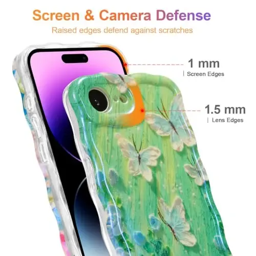 EYZUTAK iPhone 17e/iPhone 16e uchun g‘ilof, Rang-barang Retro Yog‘li Bo‘yash Gullari Laser Yaltiroq Jingalak To‘lqin Qirrasi Naqis Telefon Qopqog‘i Ayollar uchun Uslubiy Bardoshli TPU Himoya G‘ilofi - Kapalak Yashil - 4