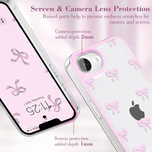 EYZUTAK iPhone 17e/iPhone 16e uchun g‘ilof, Shaffof Yoqimli Lentalı Tugun Naqshli Estetik Shaffof Telefon G‘ilofchisi Ko‘tarilgan Kamera Himoyasi Zamonaviy Yupqa Yumshoq Bardoshli TPU Himoya Qopqog‘i Ayollar Qizlar uchun - Pushti - 3
