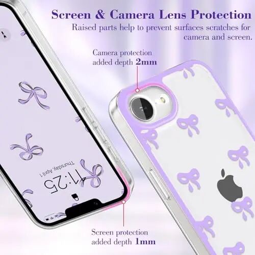 EYZUTAK iPhone 17e/iPhone 16e uchun g‘ilof, Shaffof Yoqimli Lentalik Tugun Naqshli Estetik Shaffof Telefon G‘ilofi Ko‘tarilgan Kamera Himoyasi Zamonaviy Yupqa Yumshoq Bardoshli TPU Himoya Qopqog‘i Ayollar Qizlar uchun - Binafsha - 3