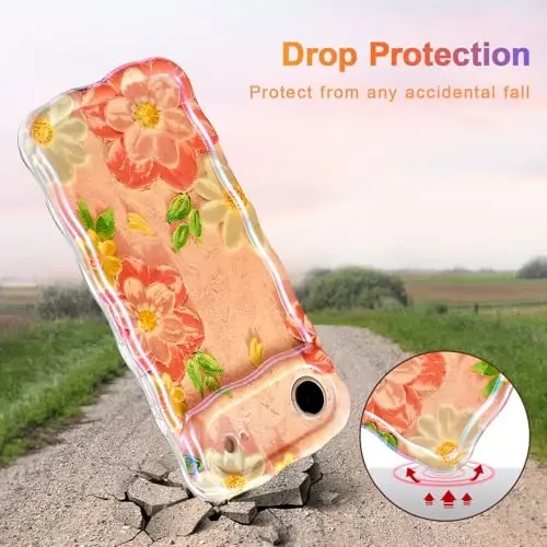 EYZUTAK iPhone Air Kılıfı, Renkli Retro Yağlı Boya Çiçek Lazer Parlak Desen Sevimli Kıvırcık Dalga Kenar Zarif Telefon Kılıfı Şık Dayanıklı TPU Koruyucu Kılıf - Kız Kadın - Pembe Beyaz - 3
