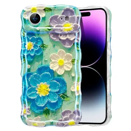 EYZUTAK iPhone Air Kılıfı, Renkli Retro Yağlı Boya Çiçek Lazer Parlak Desen Sevimli Kıvırcık Dalga Kenar Zarif Telefon Kılıfı Şık Dayanıklı TPU Koruyucu Kılıf Kız Kadınlar için - Mavi Mor 