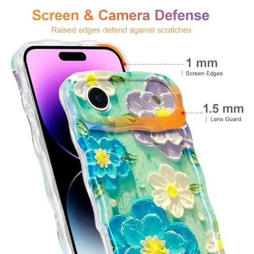 EYZUTAK iPhone Air Kılıfı, Renkli Retro Yağlı Boya Çiçek Lazer Parlak Desen Sevimli Kıvırcık Dalga Kenar Zarif Telefon Kılıfı Şık Dayanıklı TPU Koruyucu Kılıf Kız Kadınlar için - Mavi Mor - 4