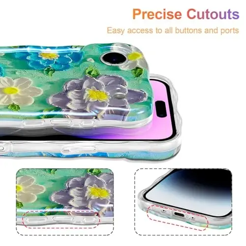 EYZUTAK iPhone Air Kılıfı, Renkli Retro Yağlı Boya Çiçek Lazer Parlak Desen Sevimli Kıvırcık Dalga Kenar Zarif Telefon Kılıfı Şık Dayanıklı TPU Koruyucu Kılıf Kız Kadınlar için - Mavi Mor - 5