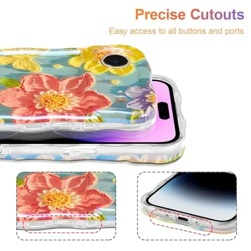 EYZUTAK iPhone Air Kılıfı, Renkli Retro Yağlı Boya Çiçek Lazer Parlak Desenli Sevimli Kıvırcık Dalga Kenarlı Zarif Telefon Kılıfı, Kadınlar İçin Şık Dayanıklı TPU Koruyucu Kılıf - Kelebek Çiçek - 5