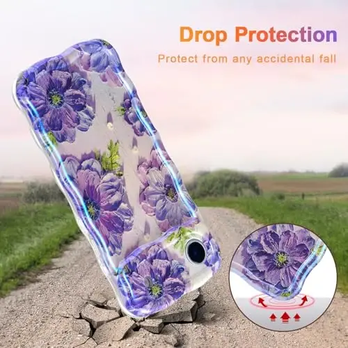 EYZUTAK iPhone Air uchun g'ilof, rangli retro moyli bo'yoqli bosma gul lazerli yaltiroq naqshli yoqimli jingalak to'lqinli qirrali nafis telefon qopqog'i zamonaviy bardoshli TPU himoya g'ilofi qizlar ayollar uchun - Binafsha - 3