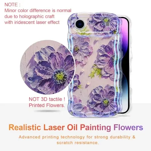 EYZUTAK iPhone Air uchun g'ilof, rangli retro moyli bo'yoqli bosma gul lazerli yaltiroq naqshli yoqimli jingalak to'lqinli qirrali nafis telefon qopqog'i zamonaviy bardoshli TPU himoya g'ilofi qizlar ayollar uchun - Binafsha - EYZUTAK (1)