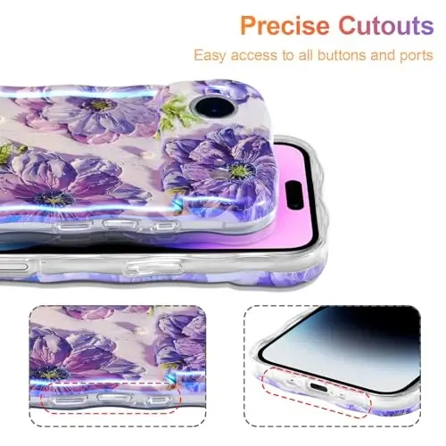 EYZUTAK iPhone Air uchun g'ilof, rangli retro moyli bo'yoqli bosma gul lazerli yaltiroq naqshli yoqimli jingalak to'lqinli qirrali nafis telefon qopqog'i zamonaviy bardoshli TPU himoya g'ilofi qizlar ayollar uchun - Binafsha - 5