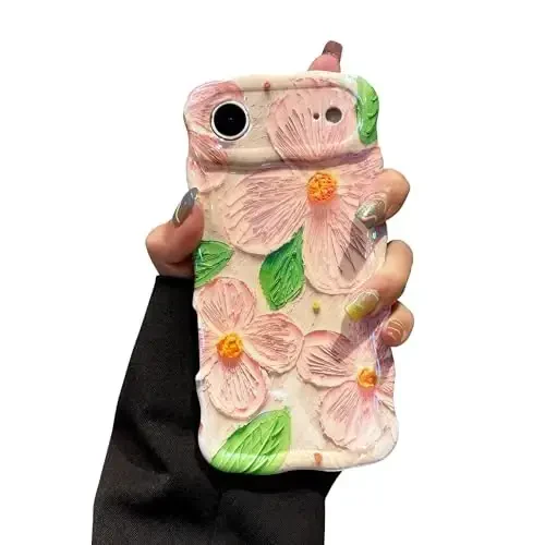 EYZUTAK iPhone Air uchun g'ilof, rangli retro moyli bo'yoqli gul bargli lazerli yaltiroq naqshli yoqimli jingalak to'lqinli qirrali nafis telefon qopqog'i ayollar uchun zamonaviy bardoshli TPU himoya g'ilofi - Pushti yashil - 6