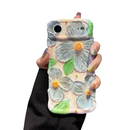 EYZUTAK iPhone Air uchun g'ilof, rangli retro moyli bo'yoqli gul bargli lazerli yaltiroq naqshli yoqimli jingalak to'lqinli qirrali nafis telefon qopqog'i zamonaviy bardoshli TPU himoya g'ilofi ayollar uchun - ko'k yashil - 6