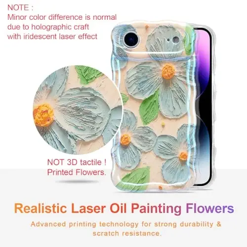 EYZUTAK iPhone Air uchun g'ilof, rangli retro moyli bo'yoqli gul bargli lazerli yaltiroq naqshli yoqimli jingalak to'lqinli qirrali nafis telefon qopqog'i zamonaviy bardoshli TPU himoya g'ilofi ayollar uchun - ko'k yashil - 2