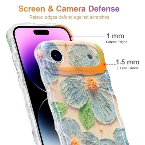 EYZUTAK iPhone Air uchun g'ilof, rangli retro moyli bo'yoqli gul bargli lazerli yaltiroq naqshli yoqimli jingalak to'lqinli qirrali nafis telefon qopqog'i zamonaviy bardoshli TPU himoya g'ilofi ayollar uchun - ko'k yashil - 4