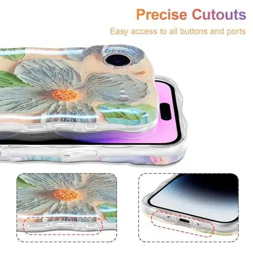 EYZUTAK iPhone Air uchun g'ilof, rangli retro moyli bo'yoqli gul bargli lazerli yaltiroq naqshli yoqimli jingalak to'lqinli qirrali nafis telefon qopqog'i zamonaviy bardoshli TPU himoya g'ilofi ayollar uchun - ko'k yashil - 5