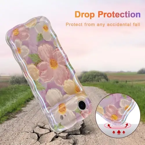 EYZUTAK iPhone Air uchun g'ilof, Rangli Retro Yog'li Bo'yoq Bosilgan Gul Lazerli Yaltiroq Naqshli Yoqimli Jingalak To'lqinli Qirrali Nozik Telefon Qopqog'i Zamonaviy Bardoshli TPU Himoya G'ilofi Qizlar Ayollar uchun-Pushti - 3