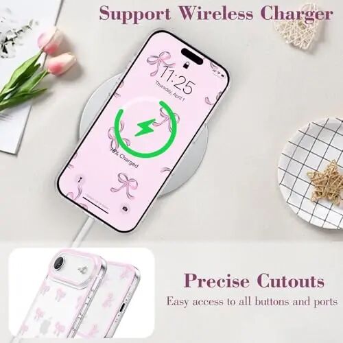 EYZUTAK iPhone Air uchun g'ilof, Shaffof chiroyli lenta kamon naqshli estetik shaffof telefon g'ilofi ko'tarilgan kamera himoyasi zamonaviy ingichka yumshoq bardoshli TPU himoya qopqog'i ayollar qizlar uchun - Pushti - 5