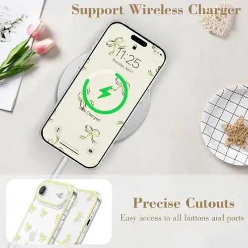 EYZUTAK iPhone Air uchun g'ilof, Shaffof chiroyli lenta kamon naqshli estetik shaffof telefon g'ilofi Ko'tarilgan kamera himoyasi Zamonaviy ingichka yumshoq bardoshli TPU himoya qopqog'i ayollar qizlar uchun - Sariq - 5