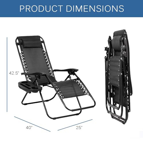 EZONE Sıfır Yerçekimi Lounge Koltuğu Açık Hava Ayarlanabilir Yatar Koltuk Bahçe Koltuğu Çelik Tel Ağ Katlanabilir Şezlong Havuz Plaj Kampı için Minder ve Bardak Tepsisiyle (1, Siyah) - 3