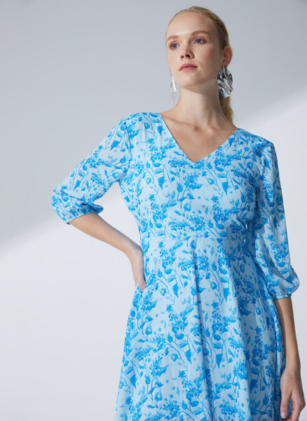 Fabrika V Neck Floral Print Blue Mini Dress - 3