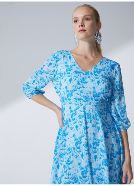 Fabrika V Neck Floral Print Blue Mini Dress - 8