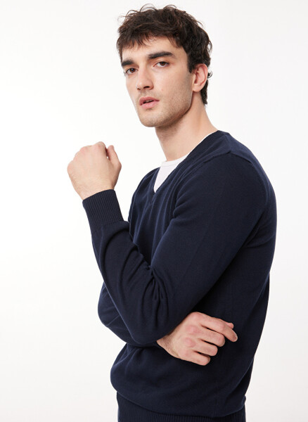 Fabrika V-Neck Regular Fit Solid Navy Blue Men's Sweater SPBF3WM-SWE5006 - 1