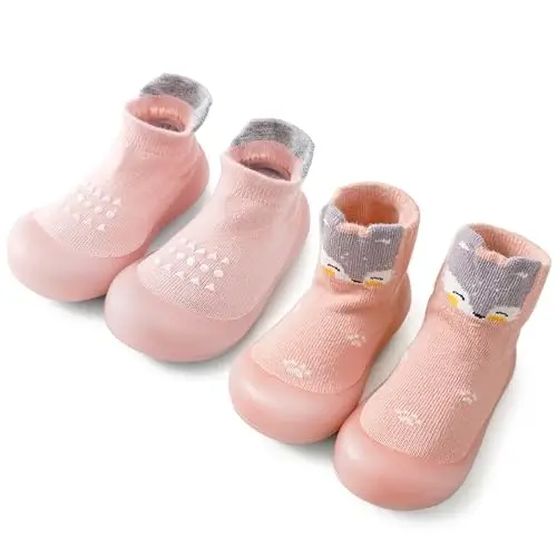 FABRST 2 Pairs Baby Sock Shoes Boys Girls Non Slip Soft Rubber Sole Sneakers Toddler Infant Slip On Slippers First Walking Shoes - 1