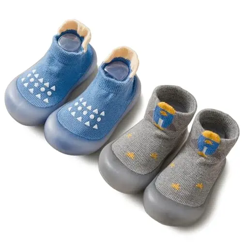FABRST 2 Pairs Baby Sock Shoes Boys Girls Non Slip Soft Rubber Sole Sneakers Toddler Infant Slip On Slippers First Walking Shoes 