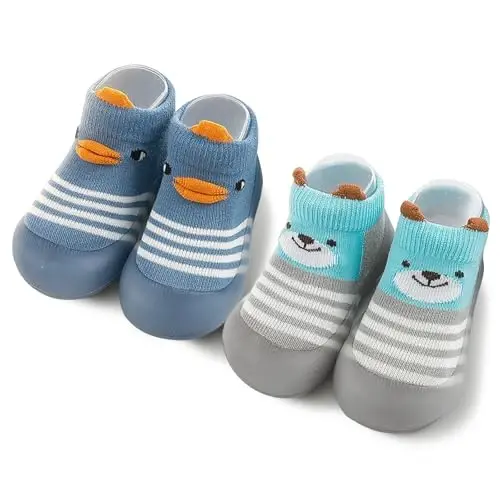 FABRST 2 Pairs Baby Sock Shoes Boys Girls Non Slip Soft Rubber Sole Sneakers Toddler Infant Slip On Slippers First Walking Shoes 