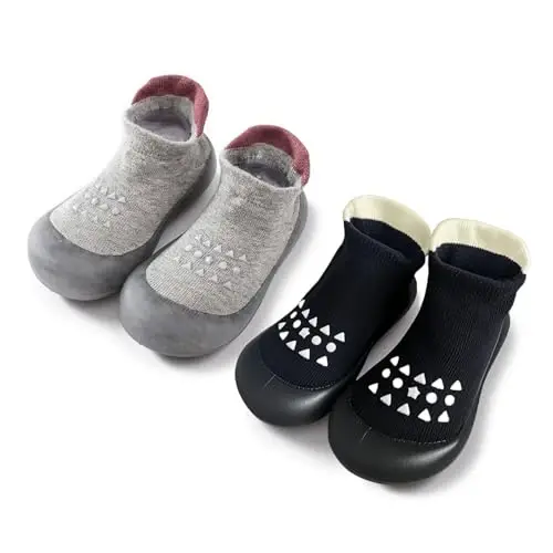 FABRST 2 Pairs Baby Sock Shoes Boys Girls Non Slip Soft Rubber Sole Sneakers Toddler Infant Slip On Slippers First Walking Shoes - 1