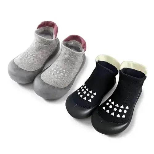 FABRST 2 Pairs Baby Sock Shoes Boys Girls Non Slip Soft Rubber Sole Sneakers Toddler Infant Slip On Slippers First Walking Shoes 