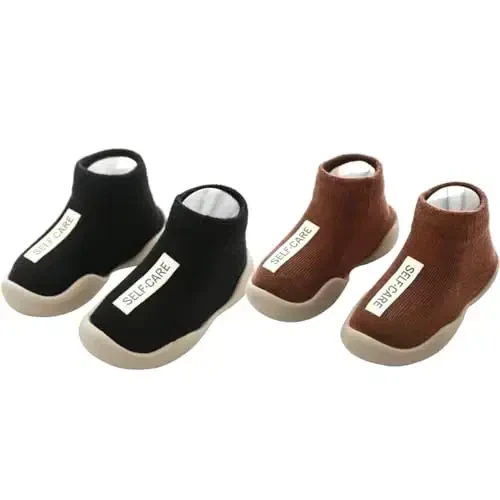 FABRST 2 Pairs Baby Sock Shoes Toddler Infant Non Slip Soft Rubber Sole Slippers First Walking Shoes for Baby Boys Girls - 1