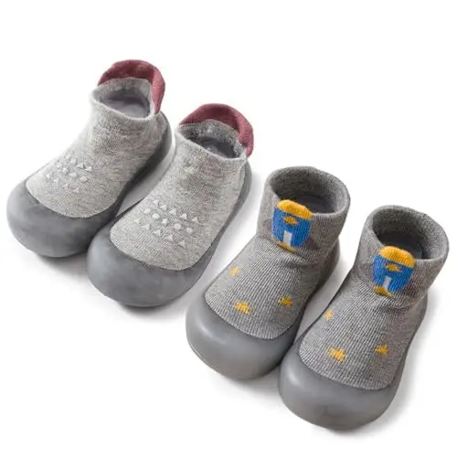FABRST 2 Pairs Baby Sock Shoes Boys Girls Non Slip Soft Rubber Sole Sneakers Toddler Infant Slip On Slippers First Walking Shoes 