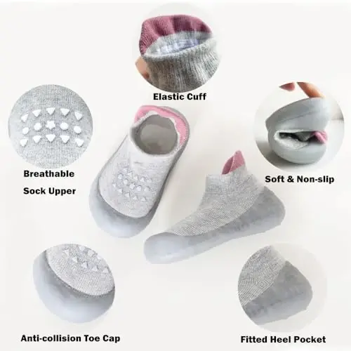 FABRST 2 Pairs Baby Sock Shoes Boys Girls Non Slip Soft Rubber Sole Sneakers Toddler Infant Slip On Slippers First Walking Shoes - 3