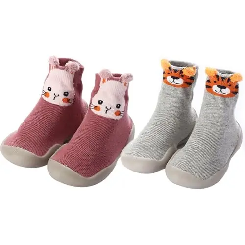 FABRST 2 Pairs Baby Sock Shoes Toddler Infant Non Slip Soft Rubber Sole Slippers First Walking Shoes for Baby Boys Girls 