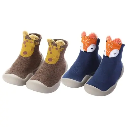 FABRST 2 Pairs Baby Sock Shoes Toddler Infant Non Slip Soft Rubber Sole Slippers First Walking Shoes for Baby Boys Girls - 1