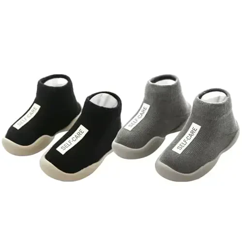 FABRST 2 Pairs Baby Sock Shoes Toddler Infant Non Slip Soft Rubber Sole Slippers First Walking Shoes for Baby Boys Girls - 1