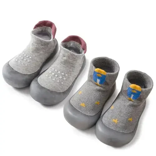 FABRST 2 Pairs Baby Sock Shoes Boys Girls Non Slip Soft Rubber Sole Sneakers Toddler Infant Slip On Slippers First Walking Shoes 