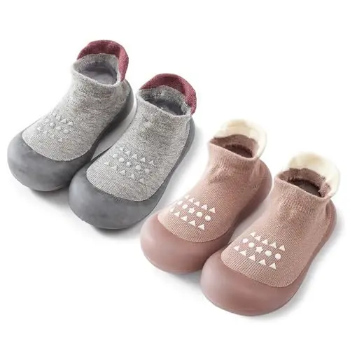 FABRST 2 Pairs Baby Sock Shoes Boys Girls Non Slip Soft Rubber Sole Sneakers Toddler Infant Slip On Slippers First Walking Shoes - FABRST