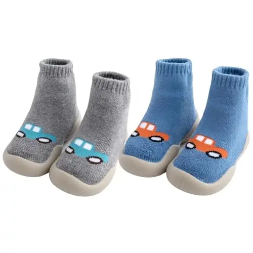FABRST 2 Pairs Baby Sock Shoes Toddler Infant Non Slip Soft Rubber Sole Slippers First Walking Shoes for Baby Boys Girls - 1