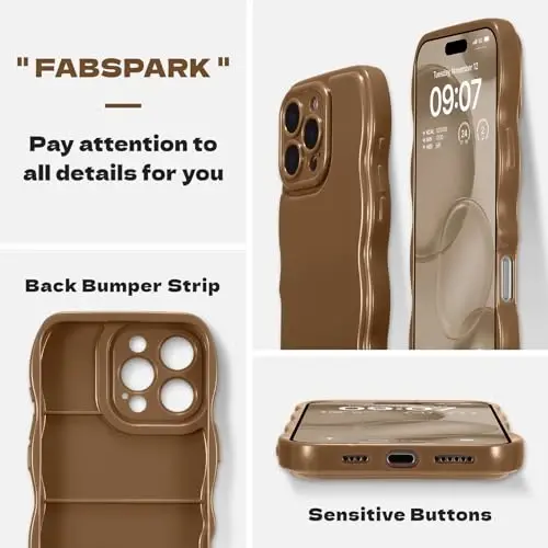 FABSPARK iPhone 16 Pro Max uchun g'ilof, oddiy to'lqinli dizaynli to'lqinli ramkali yumshoq silikon estetik iPhone 16 Pro Max uchun, jigarrang - 2